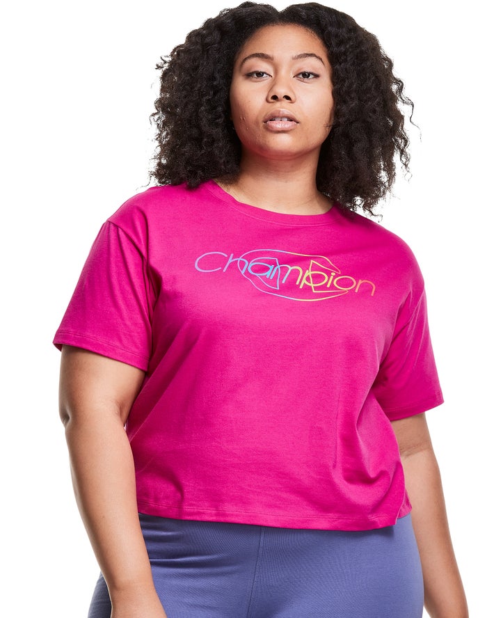 Champion Womens T-Shirt NZ - Plus Lightweight Cropped Rainbow Logo Pink ( 1437-JEYCR )